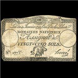 1792 France RARE 25 Sols Assignat Currency Hi Grade (CUR-05892)