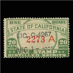 1930s US CA 20c Distilled Spirits Revenue Stamp NICE (STM-0548)