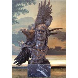 "NATIVE AMERICAN WITH EAGLE" BRONZE SCULPTURE