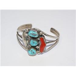 AAA Turquoise & Coral Navajo Design Bangle Bracele