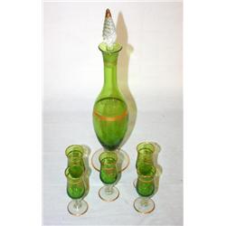 Green Brandy Decanter w/ Glass Stopper & 5 Cups