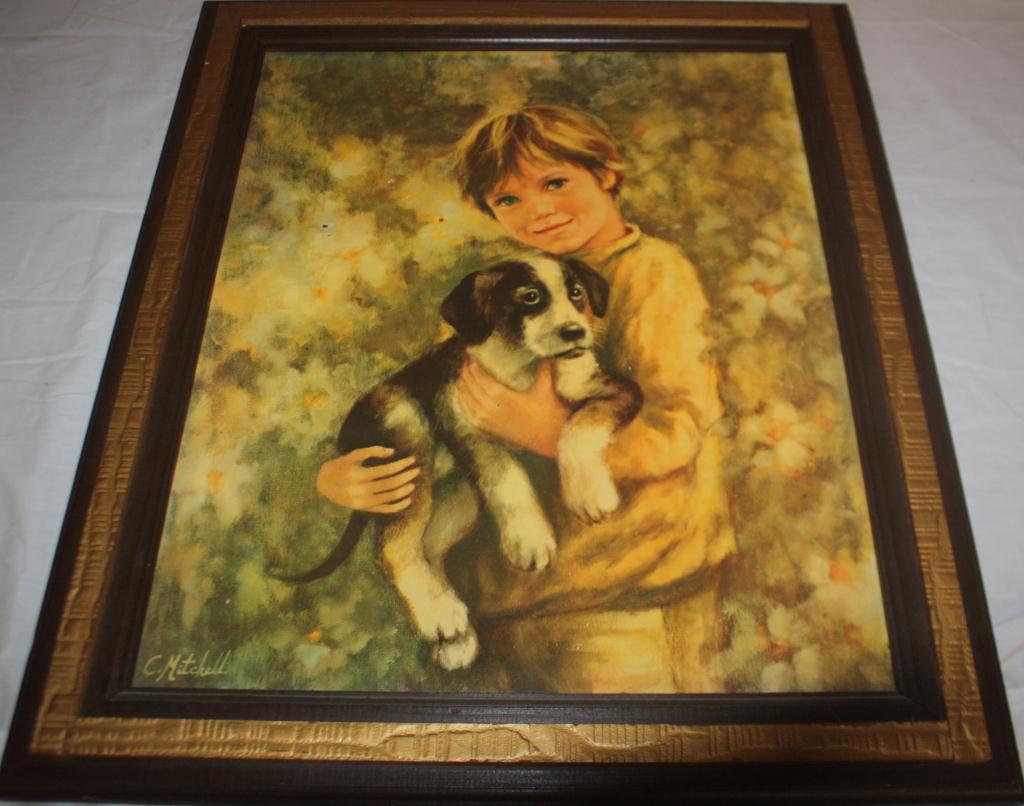 Framed Painting Of Boy Holding Dog