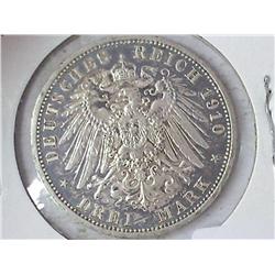 1910-A German Prussia 3 Mark Coin (Silver) EF+