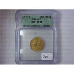 1840-A France Gold 20 Francs ICG EF45