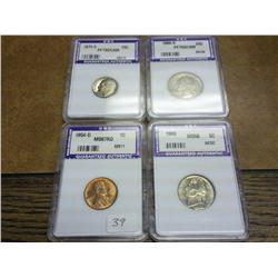 4 Slabs-1954-D Cent MS67 RD, 1960 Jefferson MS66