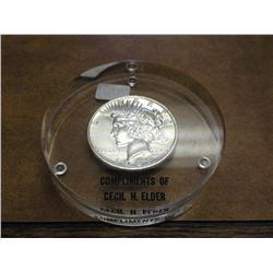 UNC 1923 Peace Silver Dollar  Lucite  Paperweight