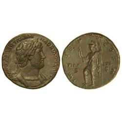 Sestercio. Acuñada el 121 d.C. ADRIANO. Anv.: IMP. CAESAR TRAIANO HADRIANVS AVG. Busto laureado a de