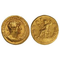 Áureo. Acuñada el 119-122 d.C. ADRIANO. Anv.: IMP. CAESAR TRAIAN. HADRIANVS AVG. Busto laureado a de
