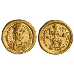 Sólido. 408-450 d.C. TEODOSIO II. CONSTANTINOPLA. Anv.: D. N. THEODOSIVS P. F. AVG. Busto de frente 