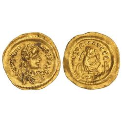 Semisis. 527-565 d.C. JUSTINIANO I. CONSTANTINOPLA. Anv.: D. N. IVSTINIANVS P. P. AVG. Busto diadema