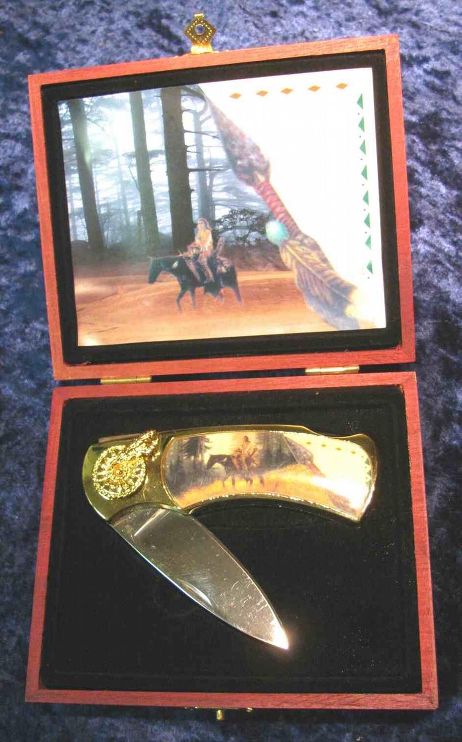 13. Wood cased Native American Indian Pocket Knife.