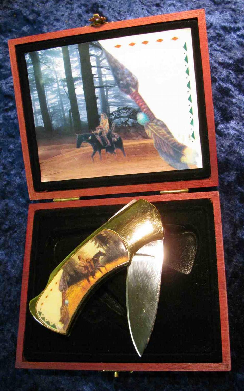 13. Wood cased Native American Indian Pocket Knife.