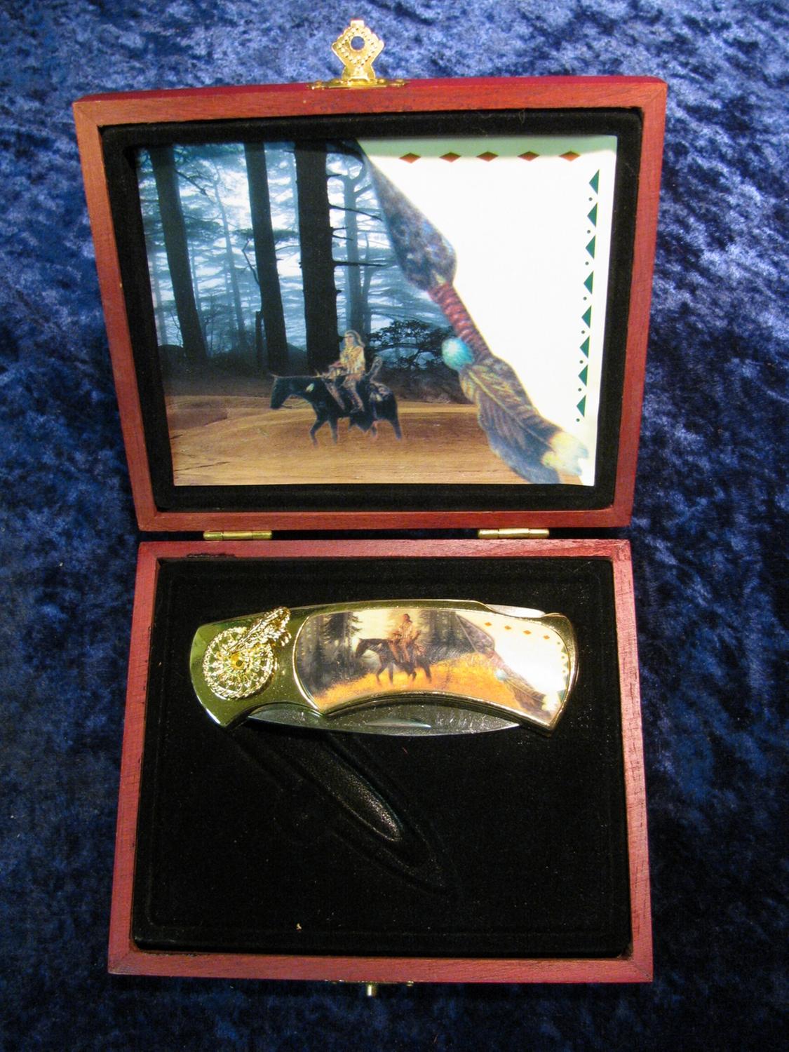 20. Wood cased Native American Indian Pocket Knife.