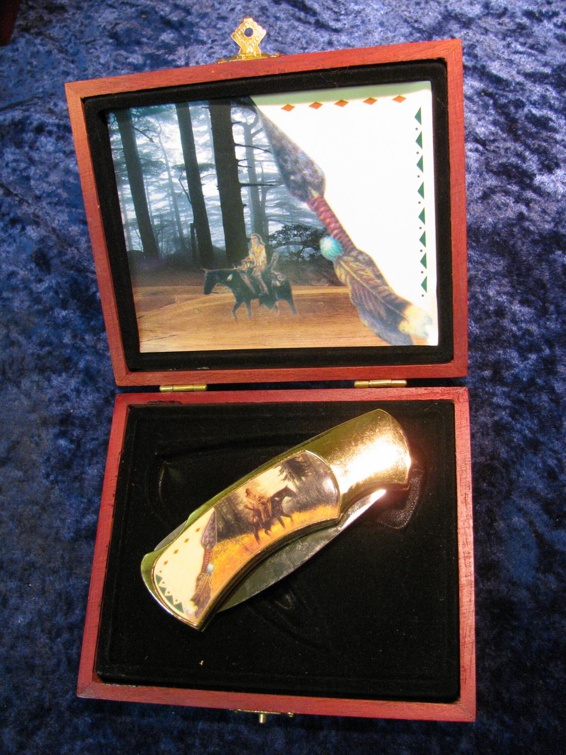 20. Wood cased Native American Indian Pocket Knife.