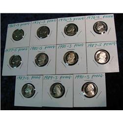 803. 1969S, 74S, (2) 76S, 77S, (2)80S, (2)87S, 89S & 90S Proof Jefferson Nickels.