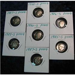 805. 1985S, 86S, (2)87S, 88S, 89S & 90S Proof Roosevelt Dimes. 