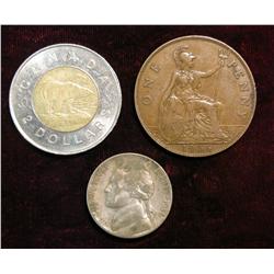 481. 1945 S Silver War Nickel; 1936 Great Britain Large Penny;