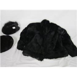 Black fur Coat w/ 2 Matching Hats