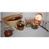 Image 1 : Lot of Kitchen Copperware Inside a Wicker Basket