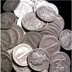Lot of 100 Mercury SIlver Dimes 90%-Various