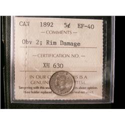 1892 5¢ Obv 2, rim damage ICCS EF40.