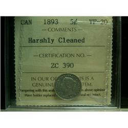 1893 5¢ ICCS VF20 Harshly Cleaned