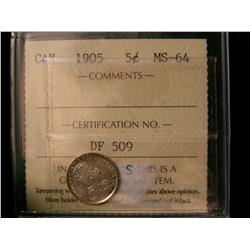 1905 5¢ ICCS MS64. Attractively toned. Very nice.