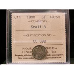 1908 5¢ Small 8 ICCS AU50