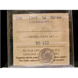 1918 5¢ ICCS MS64