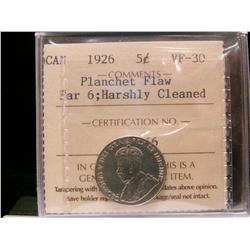 1926 5c Far 6 ICCS VF30 Planchet Flaw; Harshly Cleaned