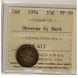 1894 10¢ Obv 6 ICCS VF20; Mark