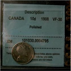 1908 10¢ CCCS VF30 Polished.
