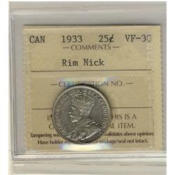 1933 25¢ ICCS VF30 Rim Nick