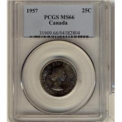 1957 25¢ PCGS MS66.  Intense greenish blue shades.