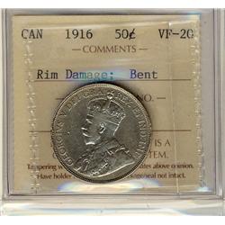 1916 50¢ ICCS VF20 Rim Damage; Bent