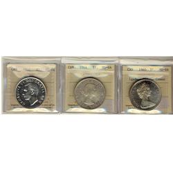 1952 NWL, 1964 & 1965 Lg Bds, Blt 5 Cameo $1.  Lot of 3 coins all ICCS MS64.