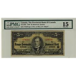 La Banque Provinciale du Canada, 1936 $5 #174279, CH-615-18-04, PMG F15,  Only 19 examples known,