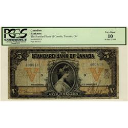 The Standard Bank of Canada 1919 $5 CH-695-18-10 #400818, PCGS VG10.