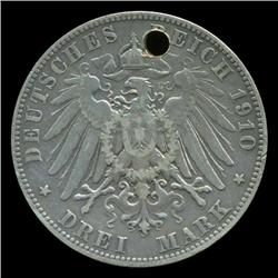 1910 Germany Saxony 3 Mark Rare Hi Grade Holed (COI-5244)