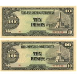 1944 WW2 Japanese Occupation 10 Pesos pair (COI-1026)