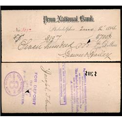 1894 Original Penn National Bank Philadelphia Cashier's Check (CUR-06244)