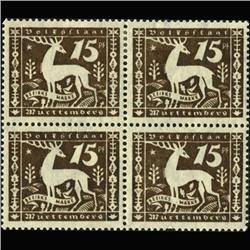 1920 RARE Wurttemberg 15 Pfennig Mint Official Stamp Block of 4 (STM-0356)