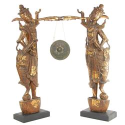 Vintage Gilded Handcarved Teak Temple Guards With Gong (ANT-187)