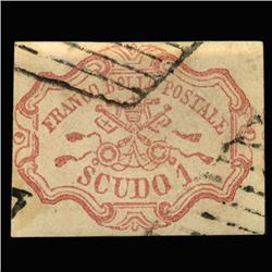 1852 VERY RARE Italy Roman States 1s Postal Stamp Hi Grade $3600 BV (STM-0186)