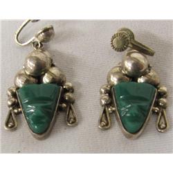 Taxco Silver Malachite Screw Back Earrings
