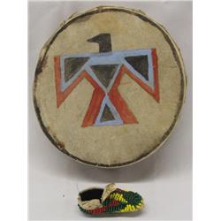 Plains Indian Handpainted Drum Sm Beaded Moccasin