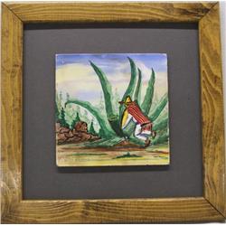 1940s Jalisco Framed Painted Tile, Agave Harvester