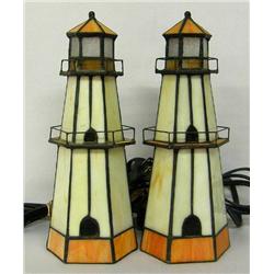 Pr of Lighthouse Stained Glass Lamps