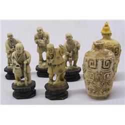5 Asian Figures and 2 Snuff Bottles