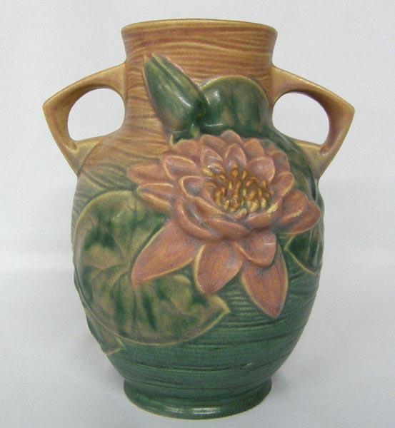 Roseville Pottery Water Lily Pink & Green Vase